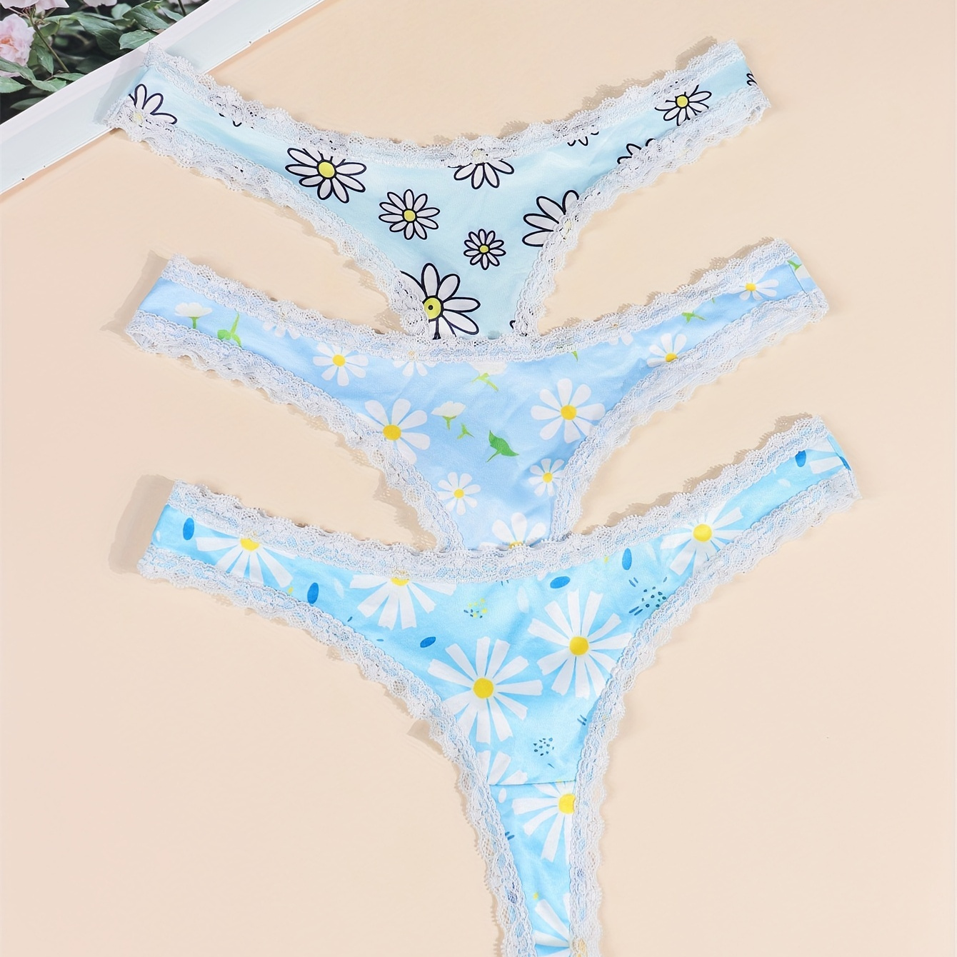 

3pcs Floral Allover Print Thongs, Cute Breathable & Comfy Lace Trim Intimates Panties, Women's Lingerie & Underwear
