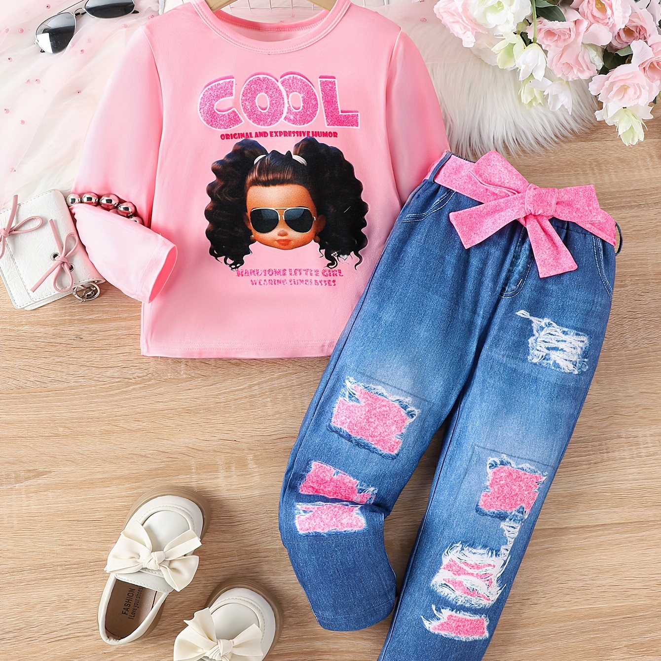 

Cool Girl Print 2pcs Set Girls Crew Neck Pullover + Imitation Denim Print Pants With Bow Belt Set For Spring Fall Gift