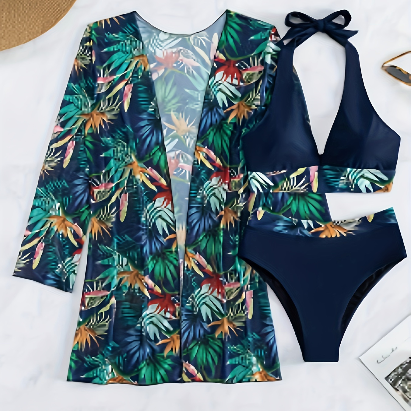 

Tropical Print 3 Piece Set Tankini, Halter V Neck High Cut With Long Sleeves Cover Up Shirt Swimsuits, Women's Swimwear & Clothing