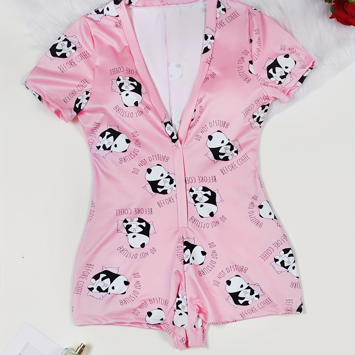 

Cartoon Panda Print Pajama Romper, Short Sleeve V Neck Pajamas, Women's Lingerie & Sleepwear