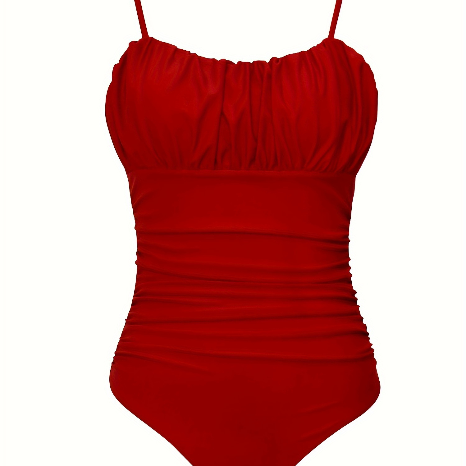 

Solid Color Ruched One-piece Swimsuit, Spaghetti Straps Tummy Control High Cut Bathing Suits, Women's Swimwear & Clothing