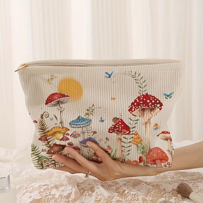 

Mushroom & Print Corduroy Cosmetic Bag - Lightweight, Toiletry Organizer With Inner Lining, Zipper Closure, Polyester, Adult, Non-waterproof