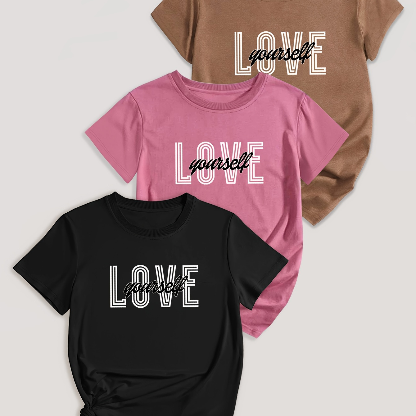 

Love Yourself Print T-shirt 3 Pack, Casual Crew Neck Short Sleeve Top For Spring & Summer, Women's Clothing