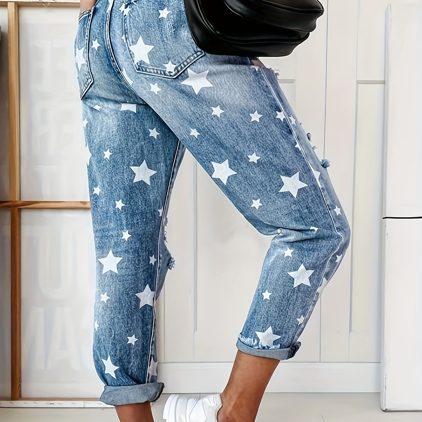 

Women's Casual Jeans, Plus Size Star Pattern Ripped Button Fly High High Stretch Tapered Leg Jeans