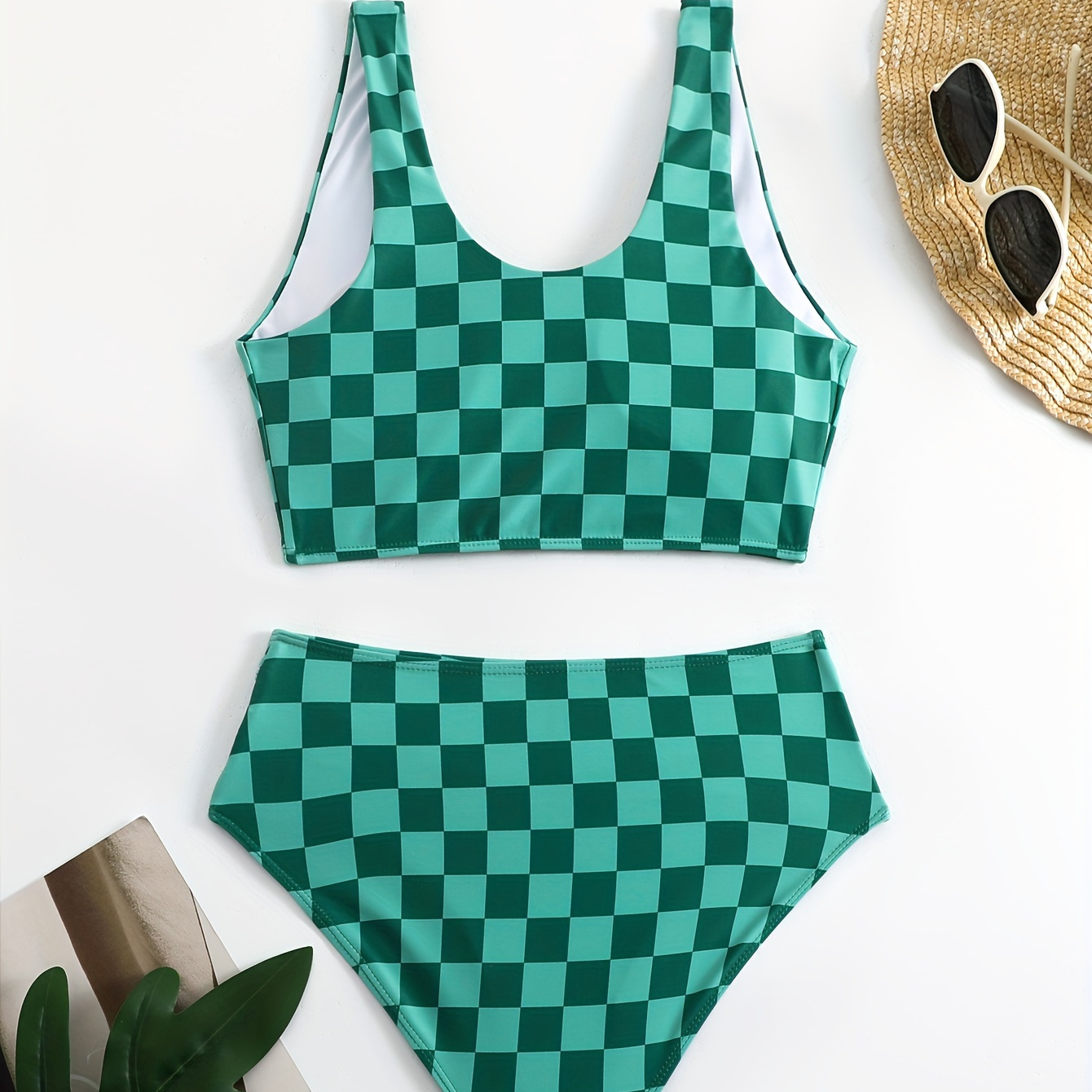 

Checkered Two-piece Bikini Set, High-waist Swimsuit, U-neck Swimwear, Women's Swimwear & Clothing