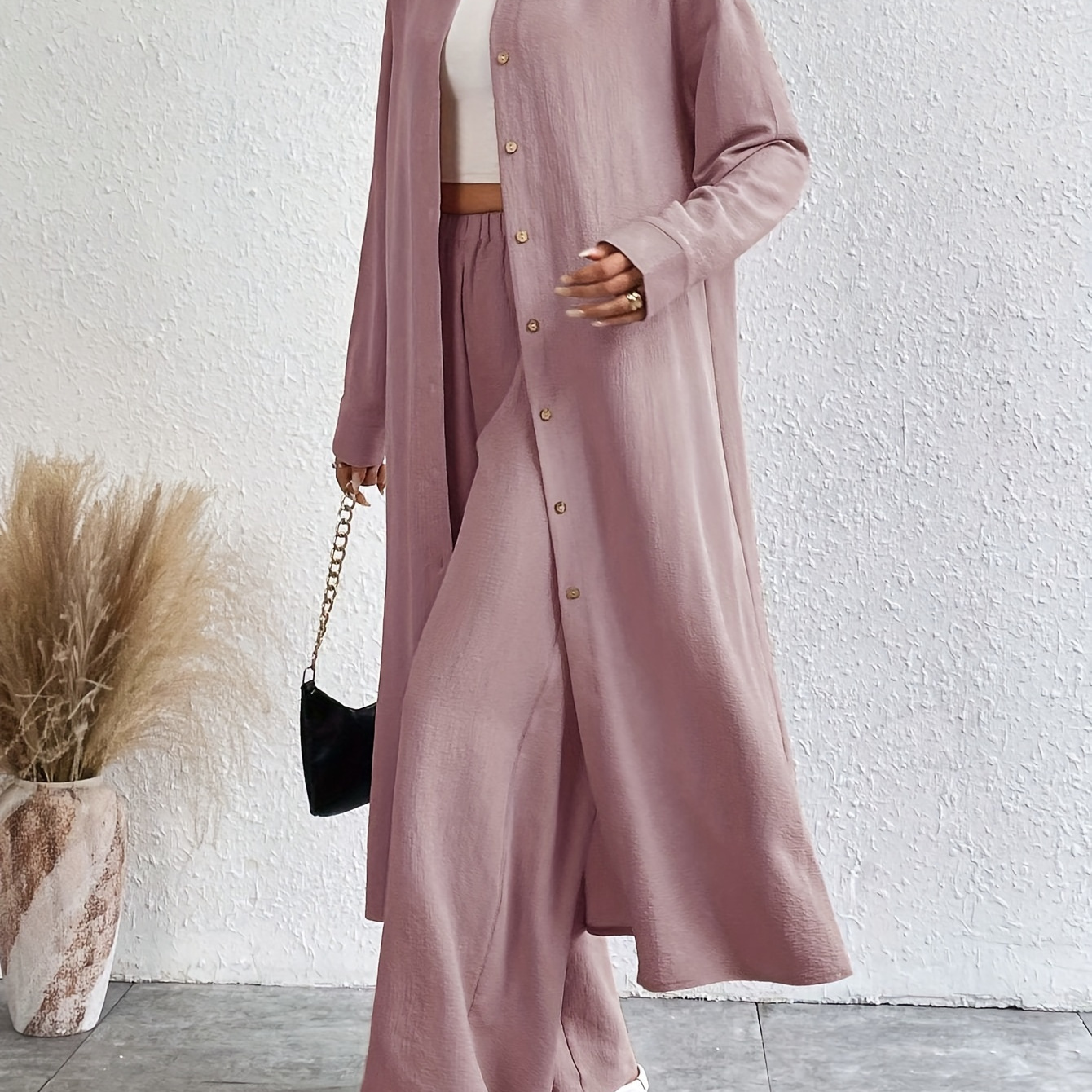 

Solid Color Casual Pantsuits, Single-breasted Long Sleeve Blouse & Elastic Waist Wide Leg Pants Outfits, Women's Clothing