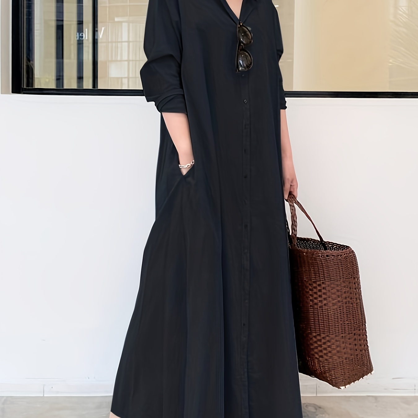 Button Front Kaftan Dress, Casual Solid Long Sleeve Maxi Dress, Women's Clothing