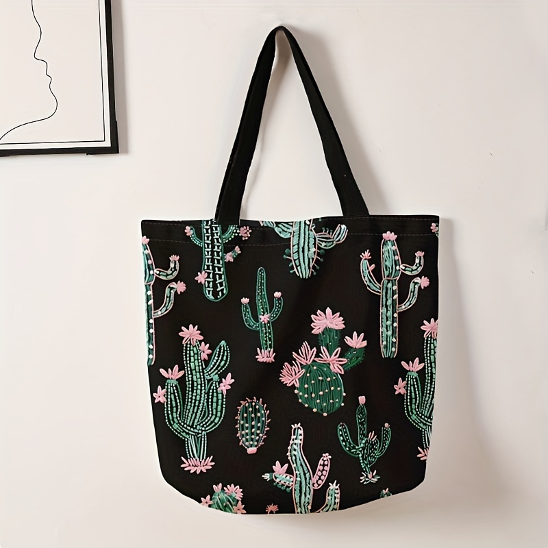 

Cactus Pattern Double-sided Printed Casual Tote Bag, Lightweight Large Shopping Bag, Fashion Canvas Shoulder Bag