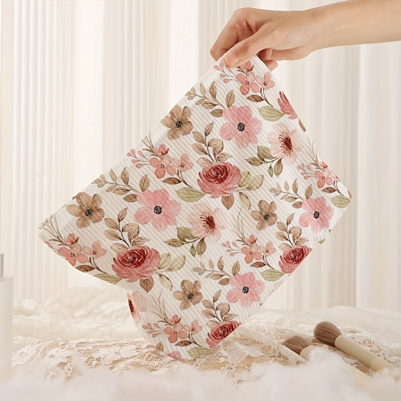 

Chic Rose Pattern Corduroy Makeup Bag - Lightweight, Zippered Cosmetic Pouch With Lining For Toiletries & Accessories