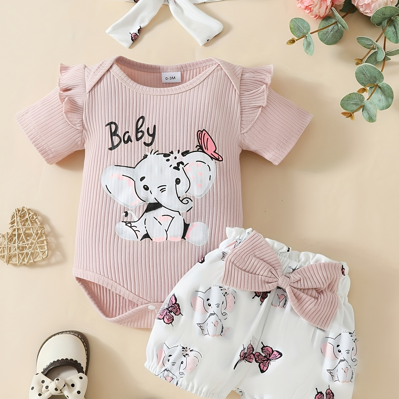 

2pcs Infant's Cartoon Elephant Baby Print Summer Set, Short Sleeve Romper & Butterfly All-over Print Shorts, Baby Girl's Clothes