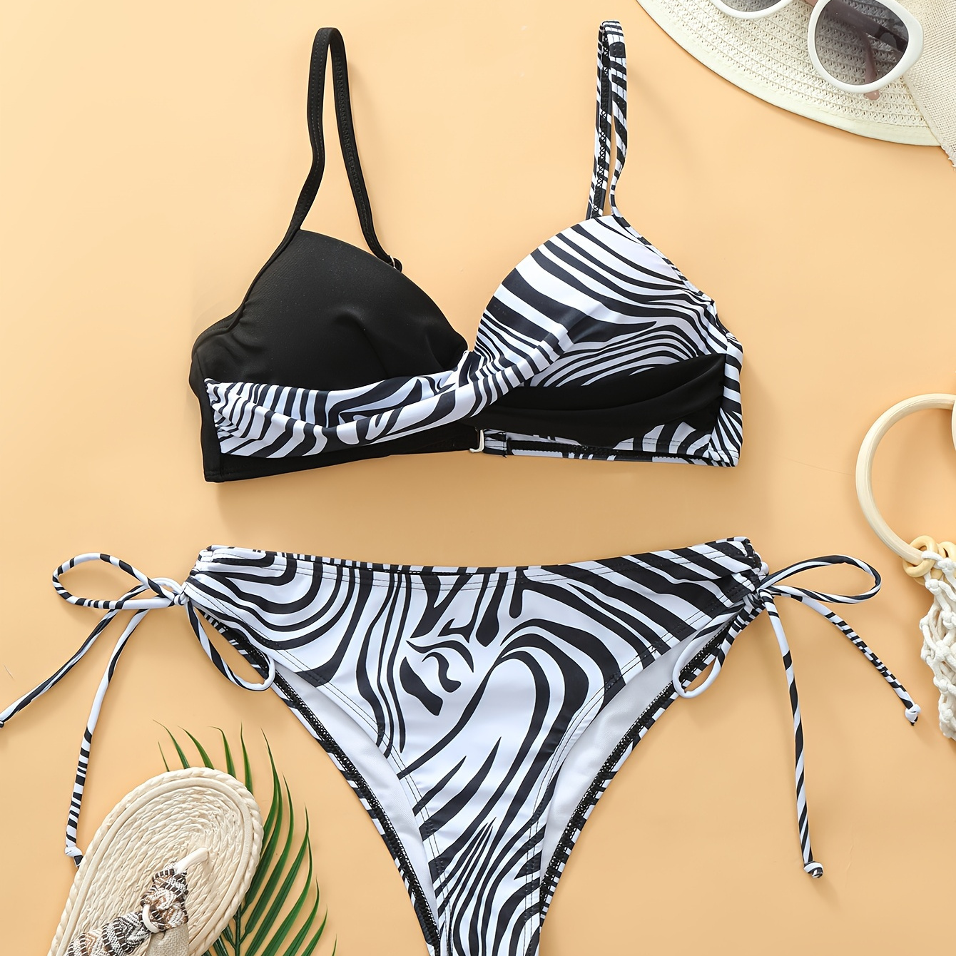 

Striped Print 2 Piece Set Bikini, Layered Spaghetti Straps Tie Side High Cut Swimsuits, Women's Swimwear & Clothing