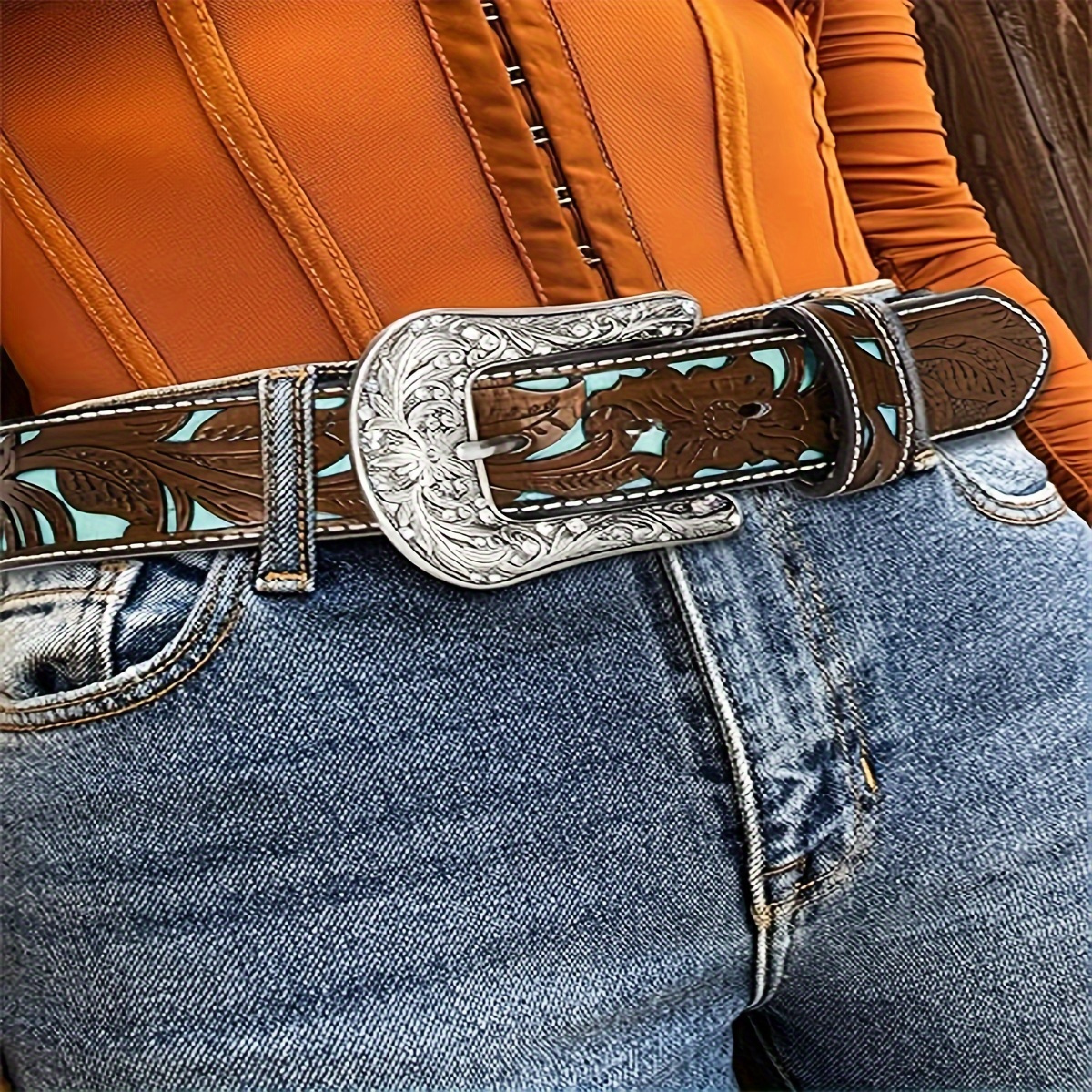 

Boho Carved Pin Buckle Belt Brown Embossed Waistband Vintage Style Jeans Pants Belts For Women