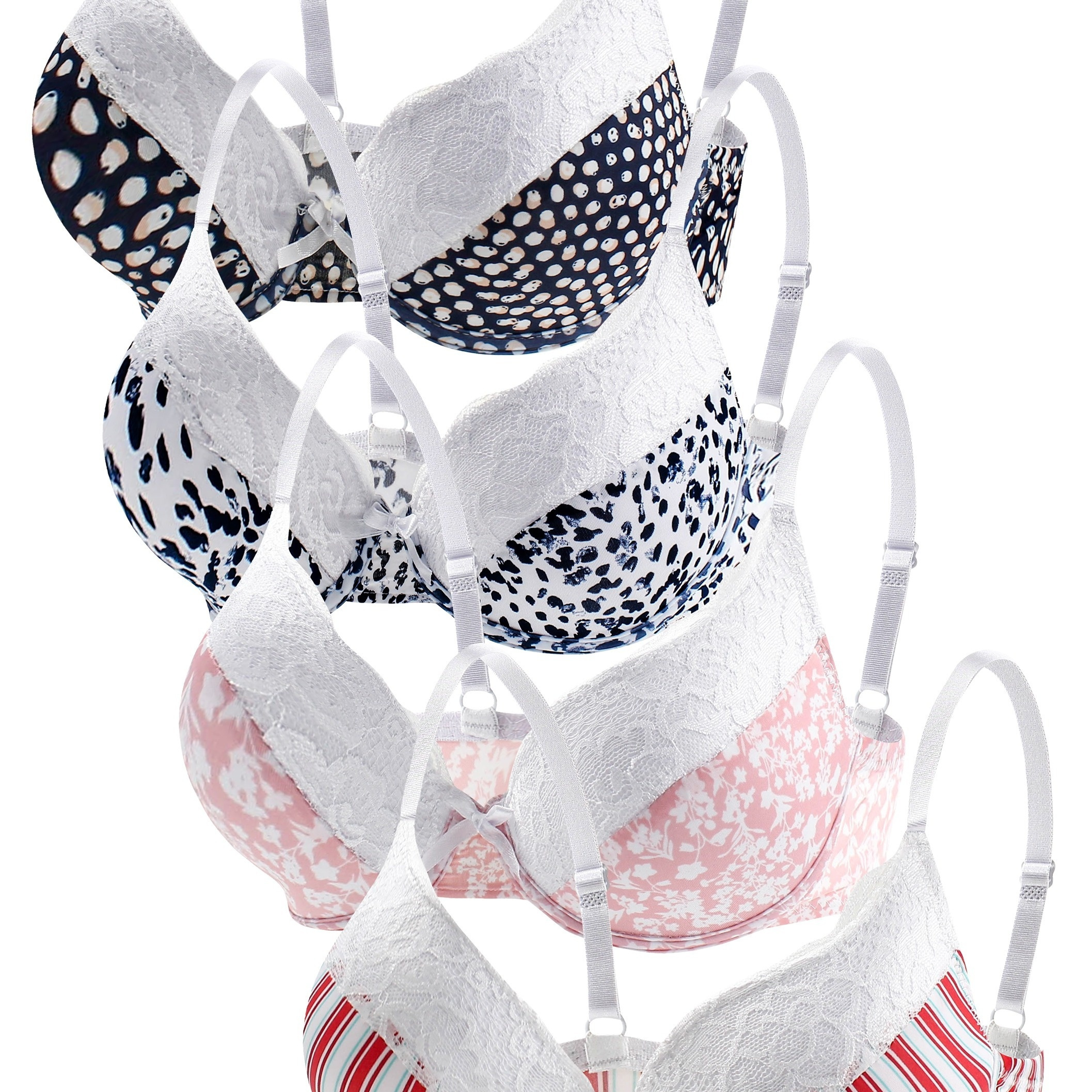

4pcs Print Floral Lace Underwire Bra, Comfy & Breathable Full Coverage Push Up Bra, Women's Lingerie & Underwear