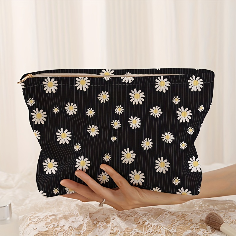 

Daisy Pattern Corduroy Zipper Storage Bag, Flower Print Lightweight Makeup Bag Cosmetic Bag, Versatile Toiletry Bag With Liner & Zipper