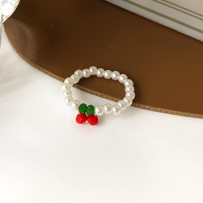 

Faux Pearl & Cherry Design Beaded Ring With Elastic Thread Index Finger Ring Resin Jewelry Ramadan Accessories Holiday Birthday Anniversary Gift