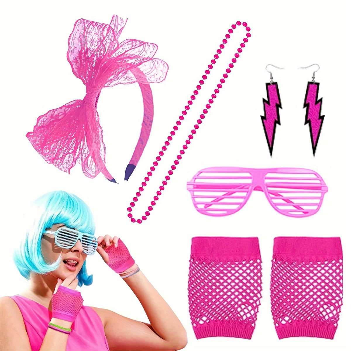 

80s Party Pack - 5pcs Women's Hip-hop Costume Set With Bow Headband, Glasses, Earrings & Gloves - Halloween, Cosplay & Themed Parties