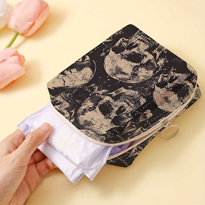 

1pc, Skull Pattern Portable Sanitary Pad Organizer Pouch, Candy Sundries Storage Bag, Lightweight Multi-functional Case With Zipper