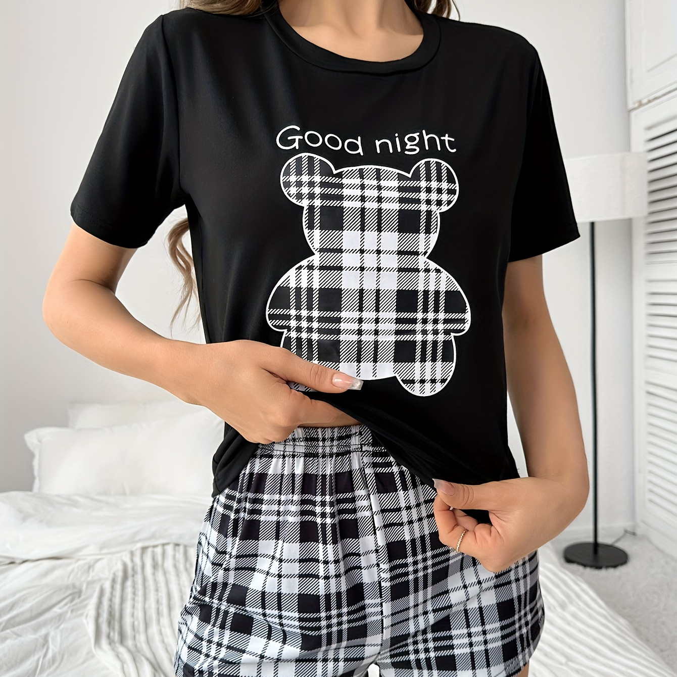 

Plaid Bear & Slogan Print Pajama Set, Casual Short Sleeve Round Neck Top & Elastic Shorts, Women's Sleepwear