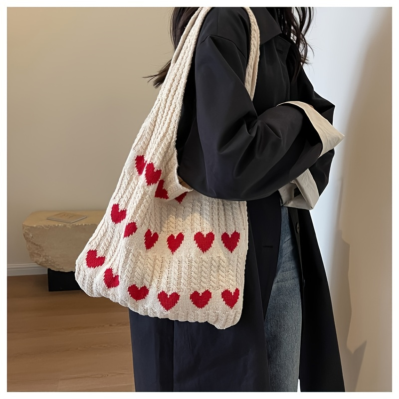 

Knitted Love Heart Pattern Shoulder Bag, Sweet Style, Women's Elegant Shopping Bag
