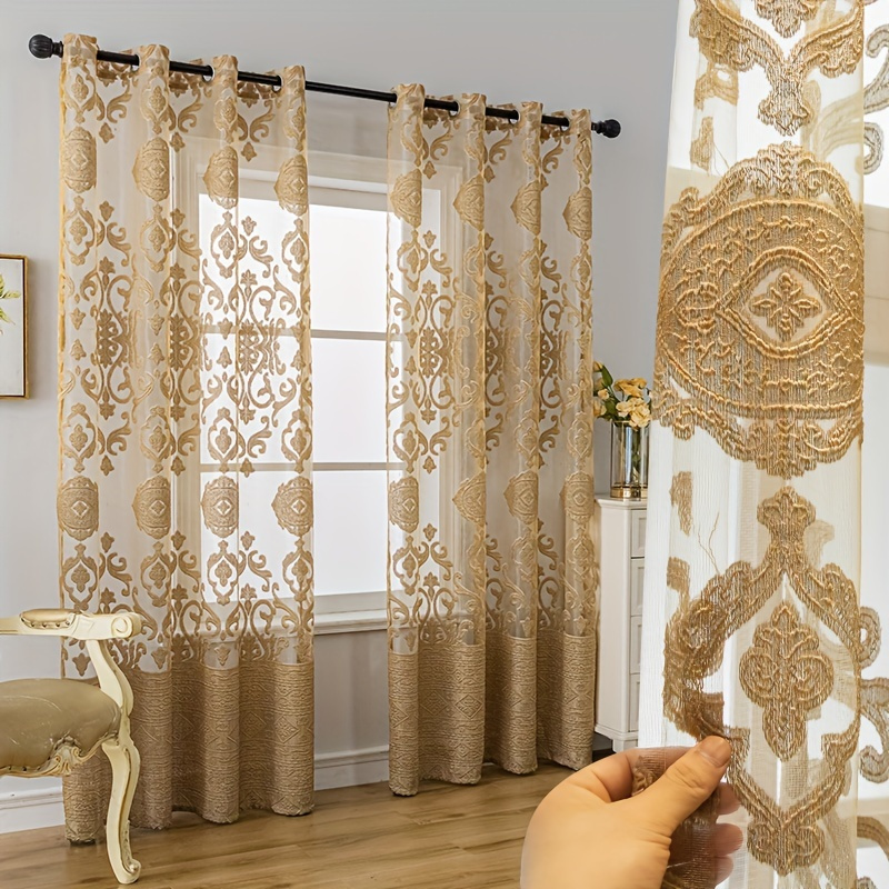 

1pc Golden Jacquard Window Screen Curtain, Window Treatment For Living Room Bedroom Balcony Home Decor