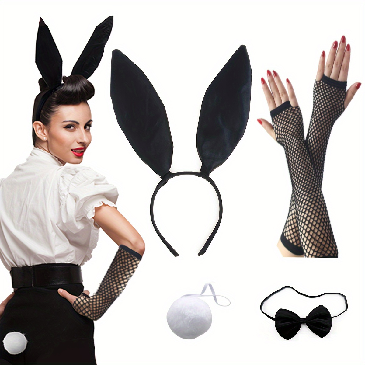 

Elegant Bunny Costume Set For Women - 4pcs Easter , Bow Tie, Plush Tail & Long Fishnet Gloves - Parties, Cosplay & Festivals