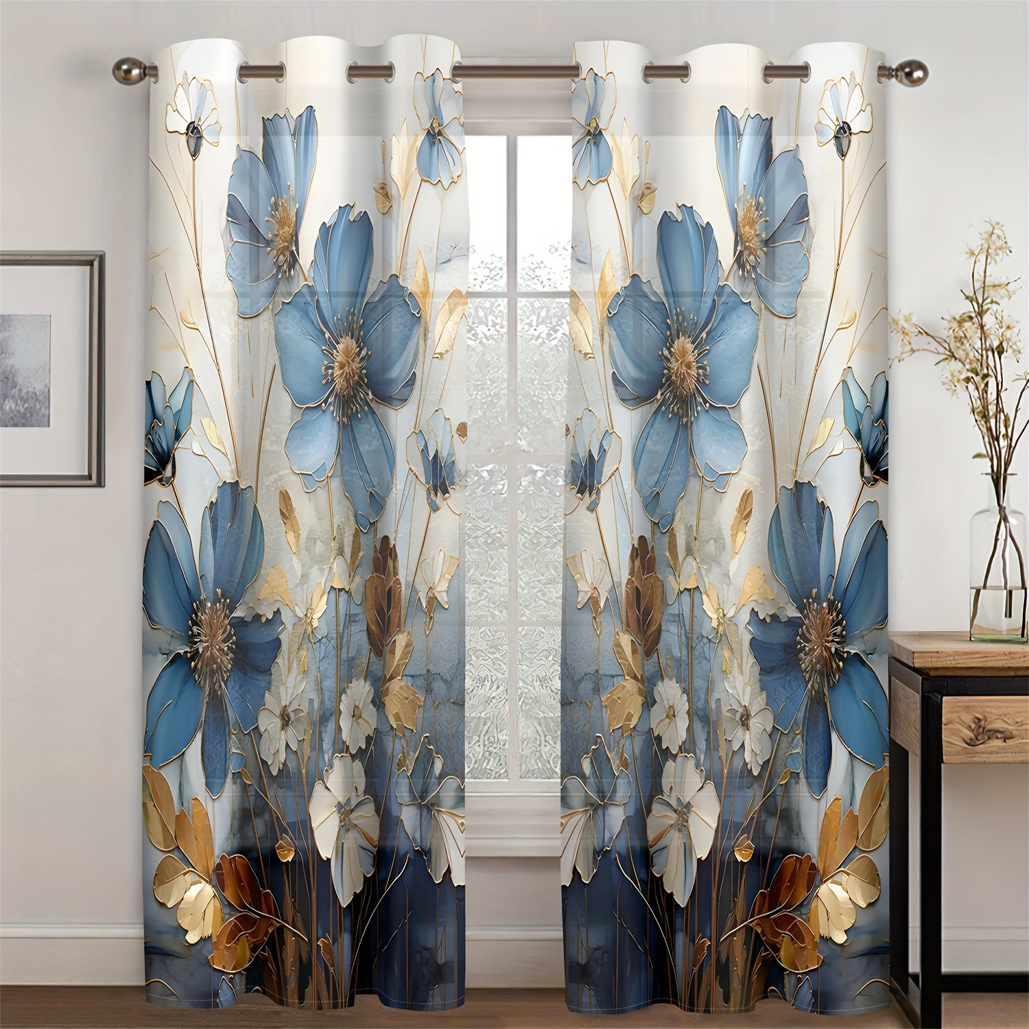 

2pcs Set Floral 3d Metal Flowers Curtains - Fade-resistant, Machine Washable For Living Room & Bedroom Decor