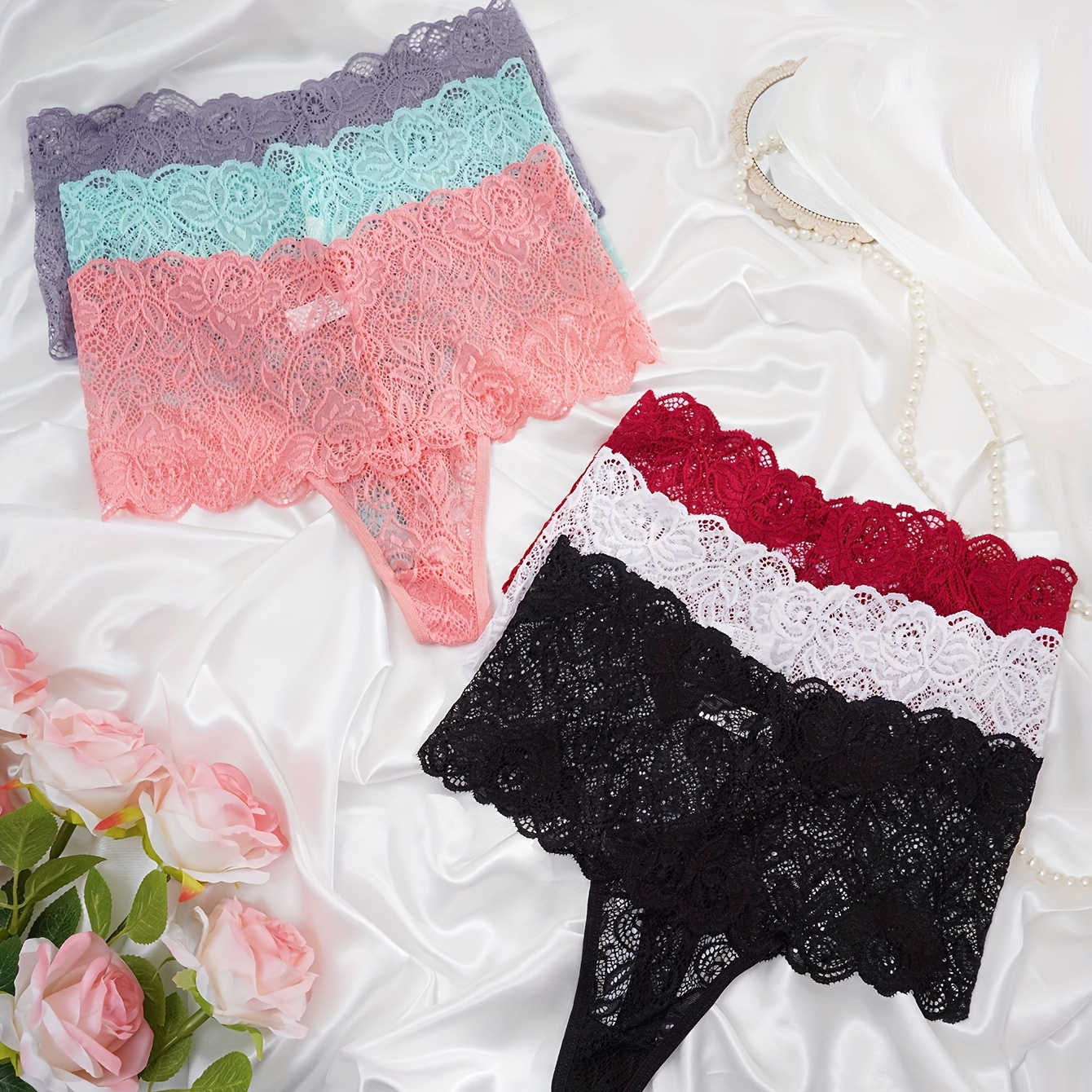 

6pcs Soldi Seamless Floral Lace Semi Sheer High Waist Thongs, Sexy Comfy Breathable Stretchy Intimates Panties, Women's Lingerie & Underwear