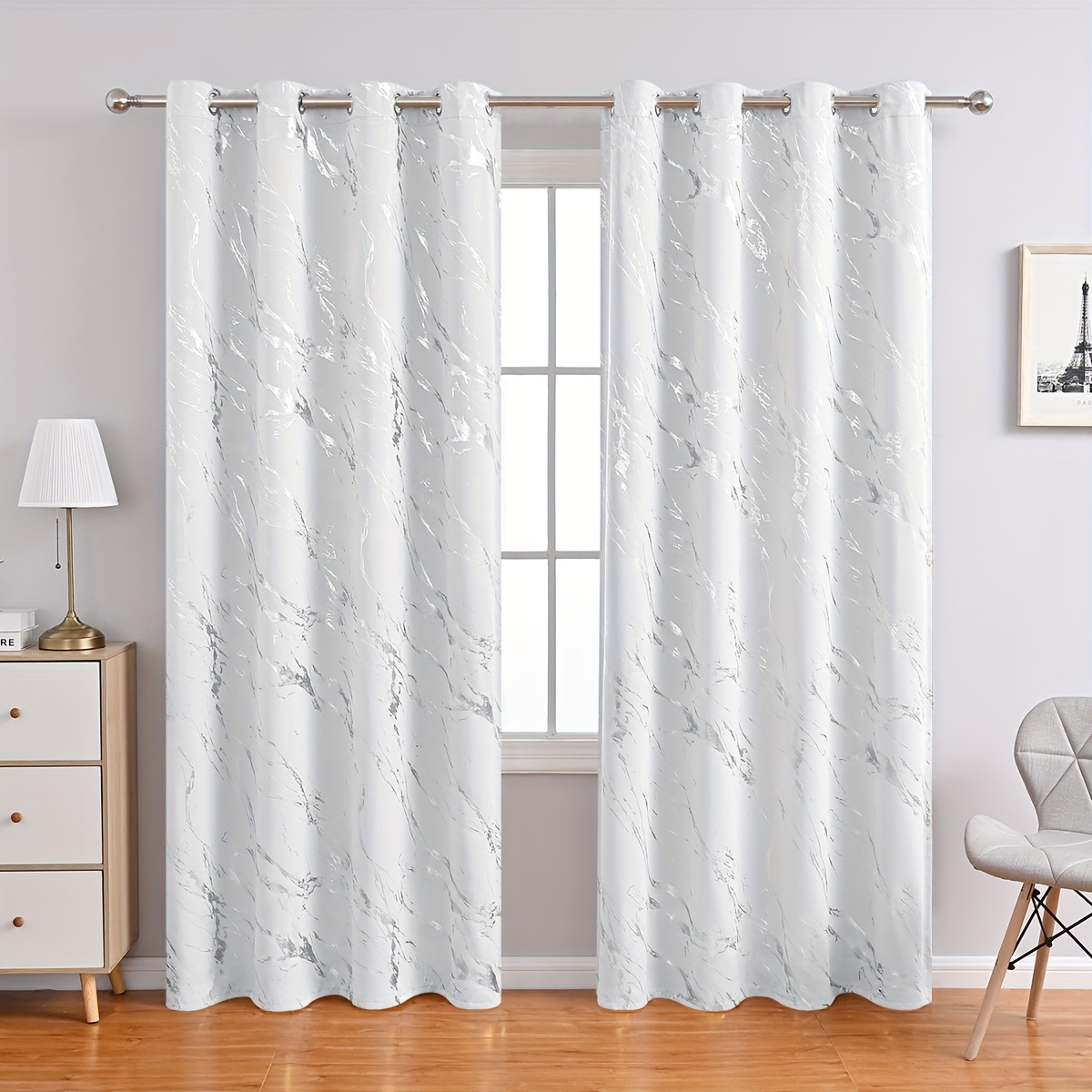 2pcs White Blackout Curtain With Marble Pattern, Modern Style Polyester Fiber, Suitable For Home Decoration, Living Room And Bedroom