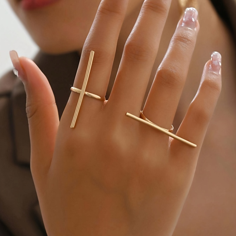 

2 Pcs Set Of Elegant And Minimalist 1-word Geometric Ladies Rings - Perfect For Parties And Festive Gifts - 14k Gold Plated, Iron Body, Suitable For All Seasons