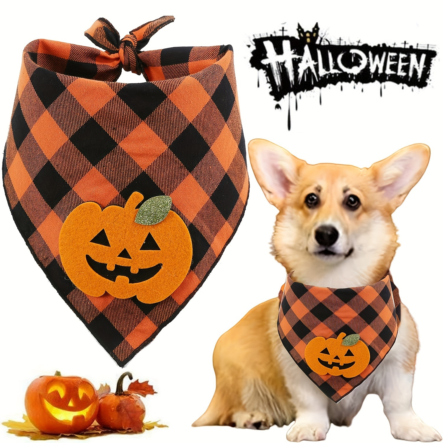 

Pet Bandana With Orange Pumpkin Design - 100% Cotton Dog Scarf For Medium & Small Breeds - Hand-washable Seasonal Dog Neckerchief For Fall Celebrations