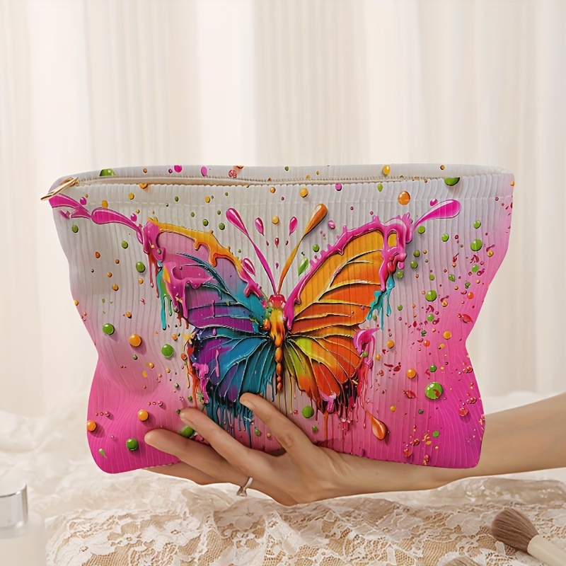 

Colorful Butterfly Print Corduroy Zipper Cosmetic Bag, Lightweight Makeup Pouch With Lined Multi-functional Toiletry Organizer, Polyester Unscented Non-waterproof Storage Bag