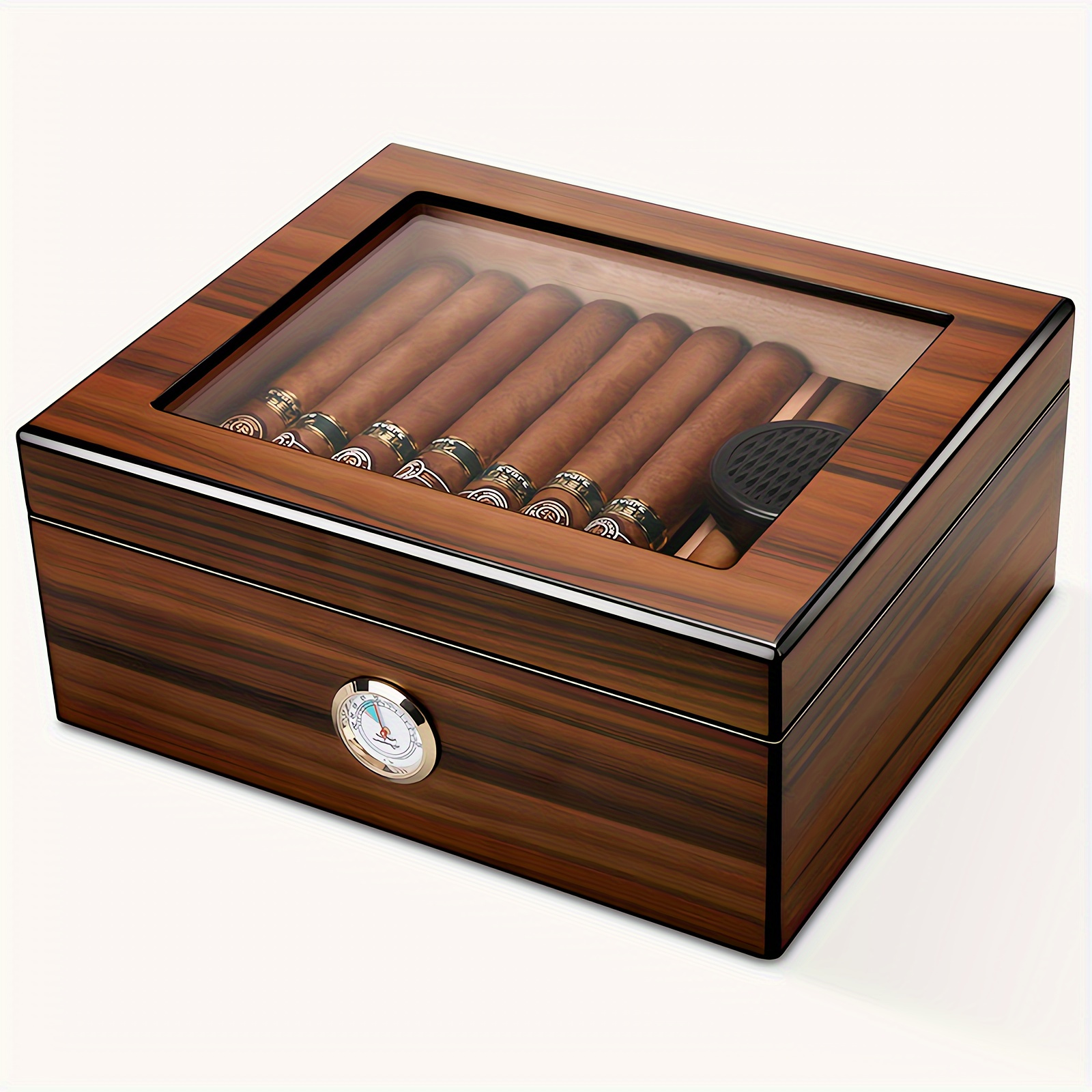 Humidificador de cigarros forrado en madera de cedro marrón con higrómetro,  caja con medidor de humedad