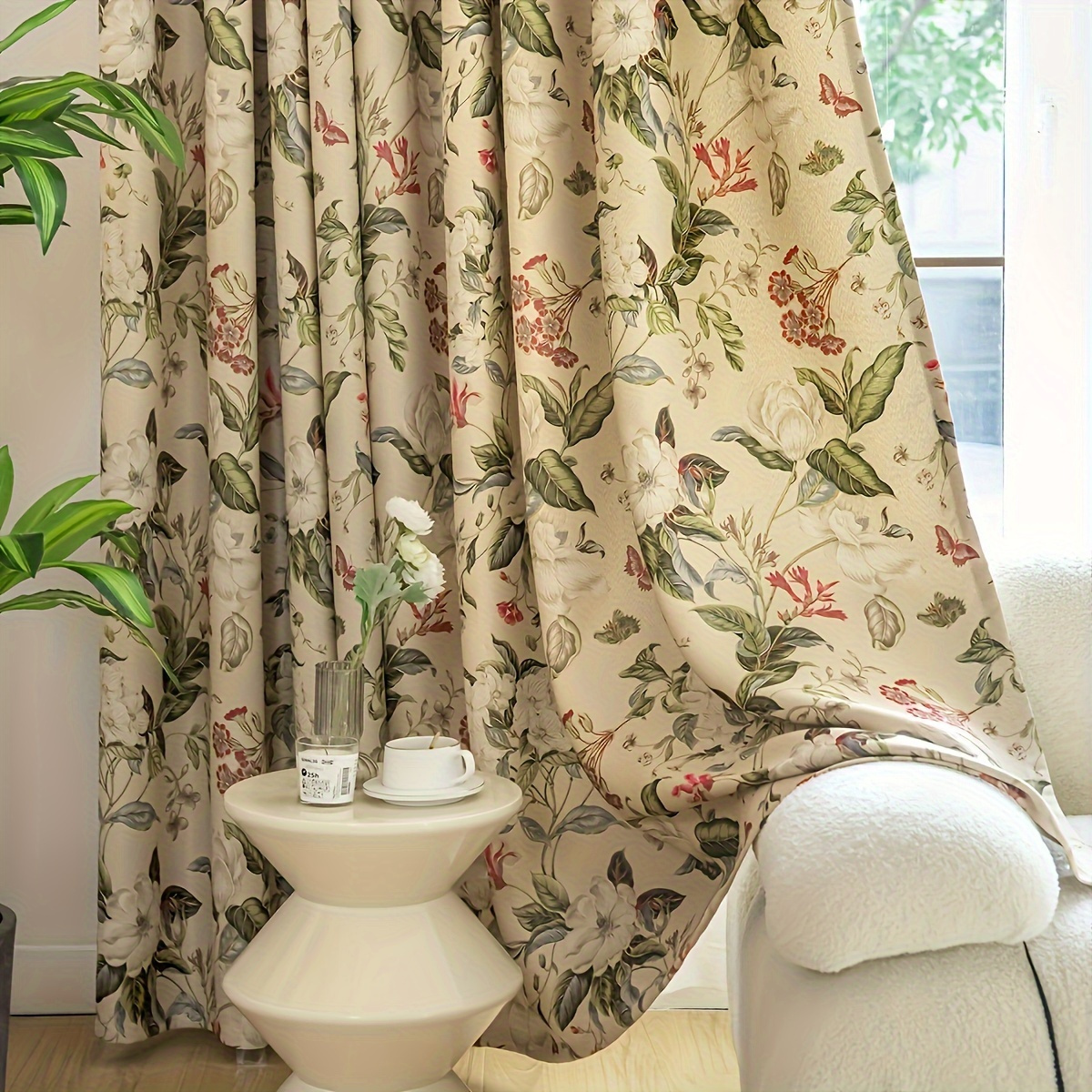 

1pc Elegant Floral Print Curtain - American Style, Blackout Fabric, Rod Pocket Room & Bedroom, Machine Washable, Polyester, Curtains For Living Room