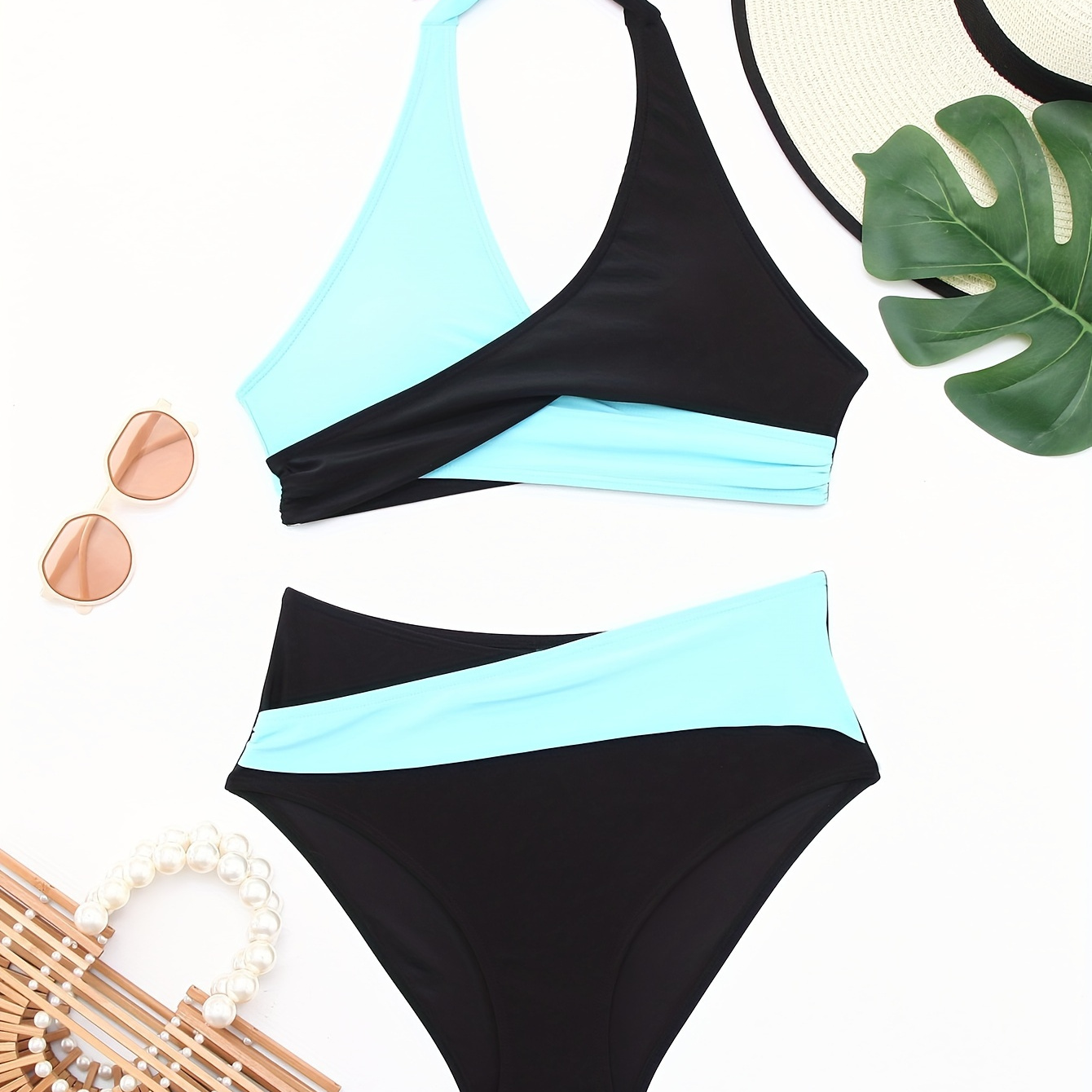 

Color Block Halter 2 Piece Set Bikini, Tie Neck Twist Medium Stretch Swimsuits, Women's Swimwear & Clothing