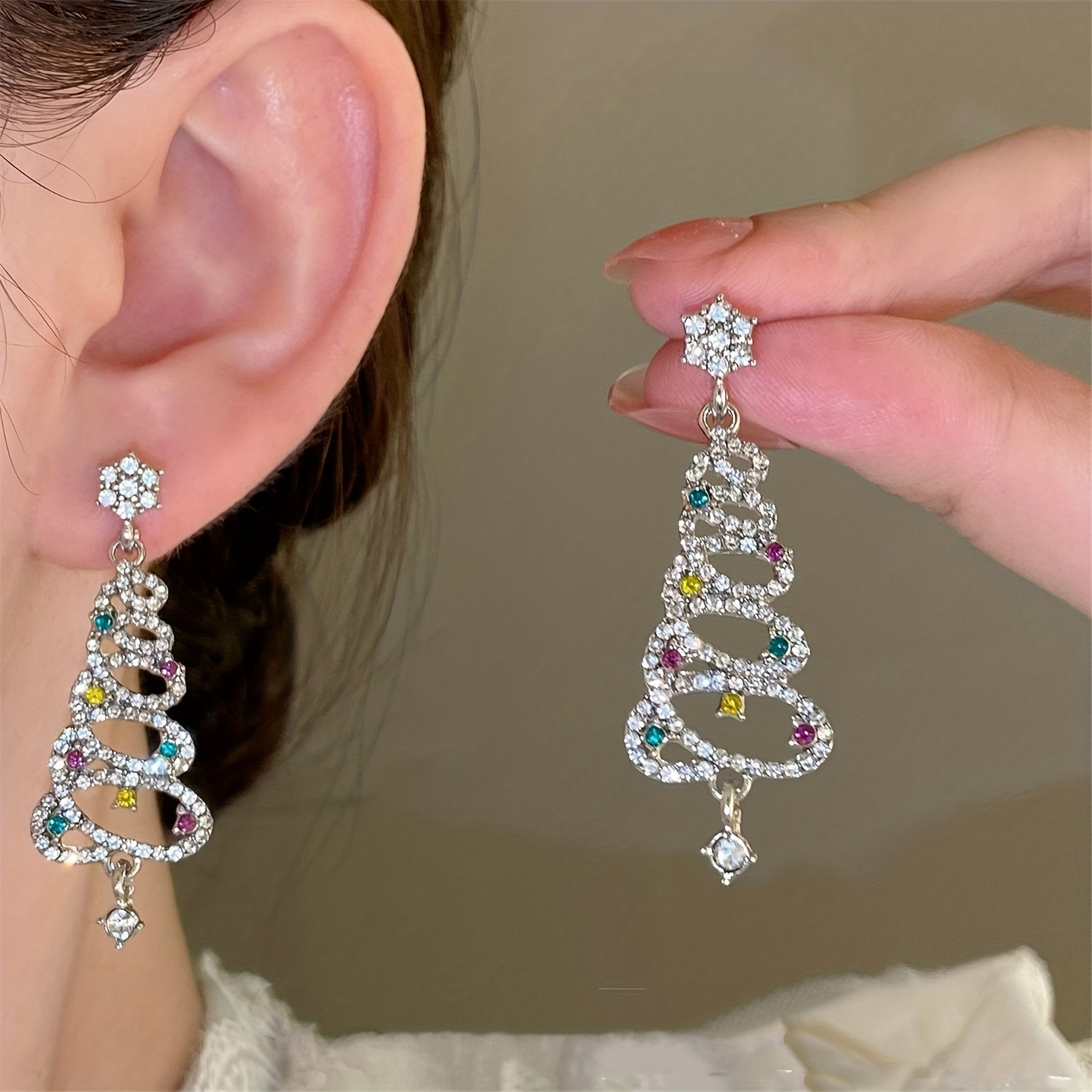 

1 Pair Holiday Earrings, Creative Zircon Snow Earrings, Christmas Tree Earrings