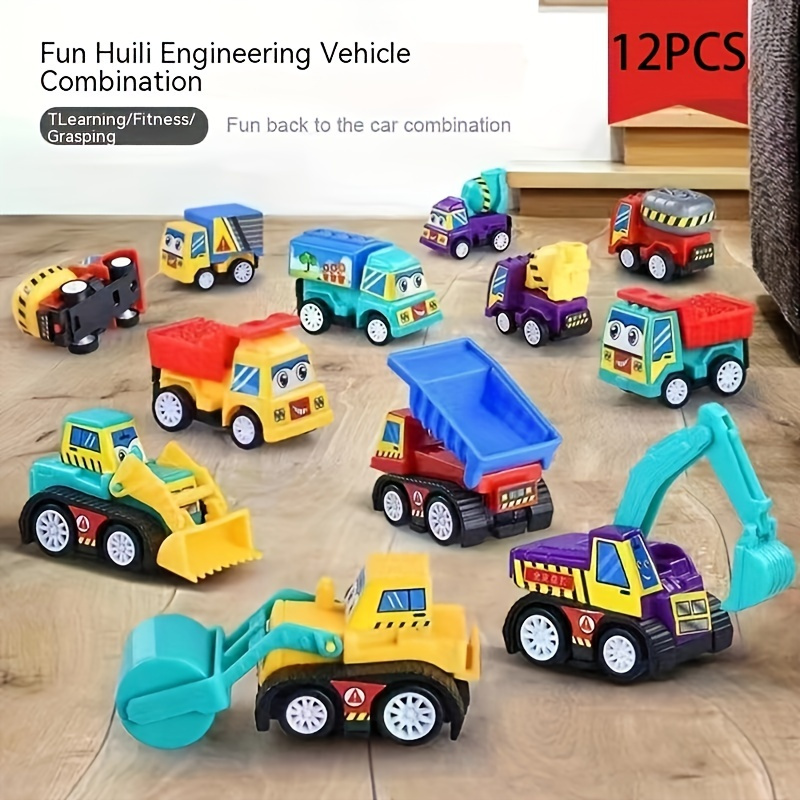 

12pcs Random Color Rebound Car Fire Engine Rear Pulling Vehicle, Small Inertia Engineering Vehicle, Cartoon Sticker Assembly Engineering Vehicle, Party Best Birthday Party, Christmas Gift