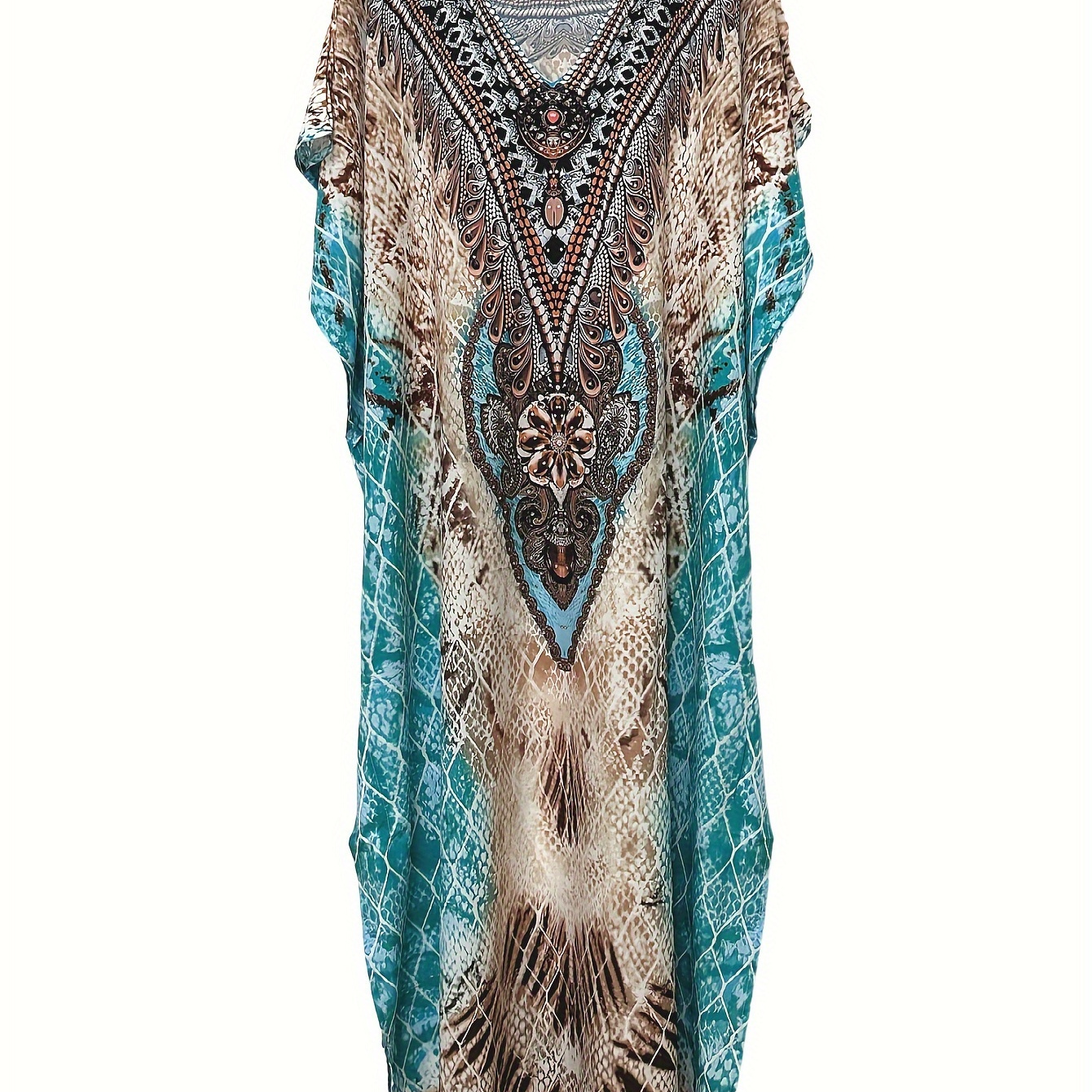 

Plus Size Boho Cover Up, Women's Plus V-neck Geometric Print Batwing Sleeve Split Cover Up