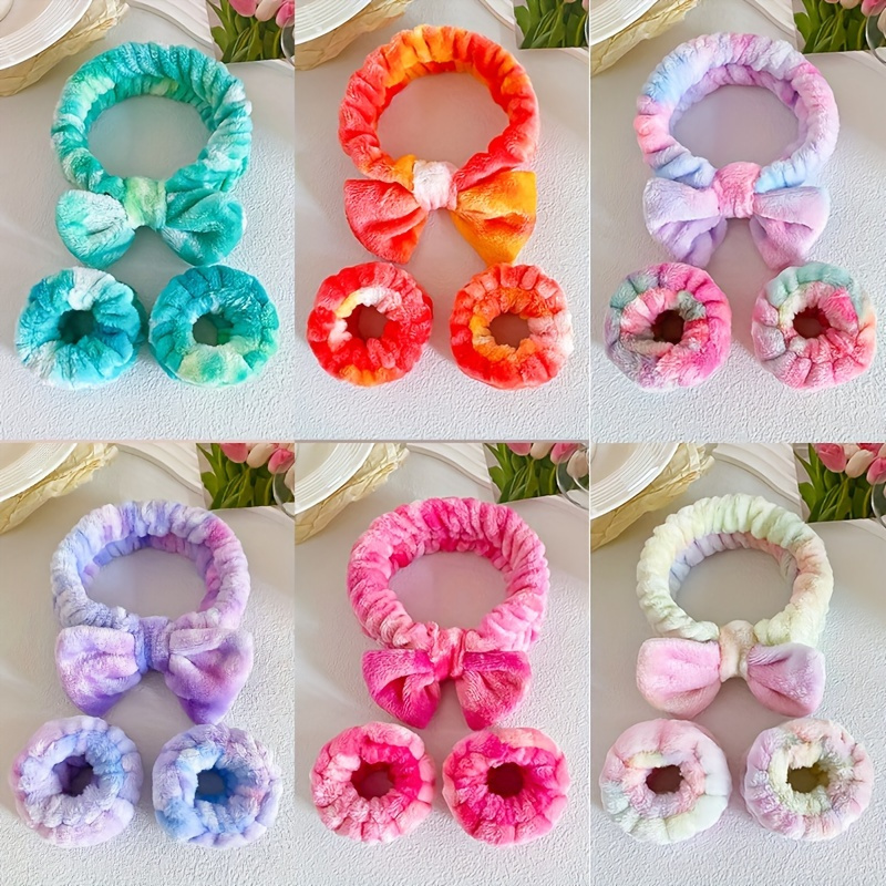 

European And Tie-dye Bow Headband Wrist Set For Women, Gradient Color Headscarf For Washing, Makeup And Bathing