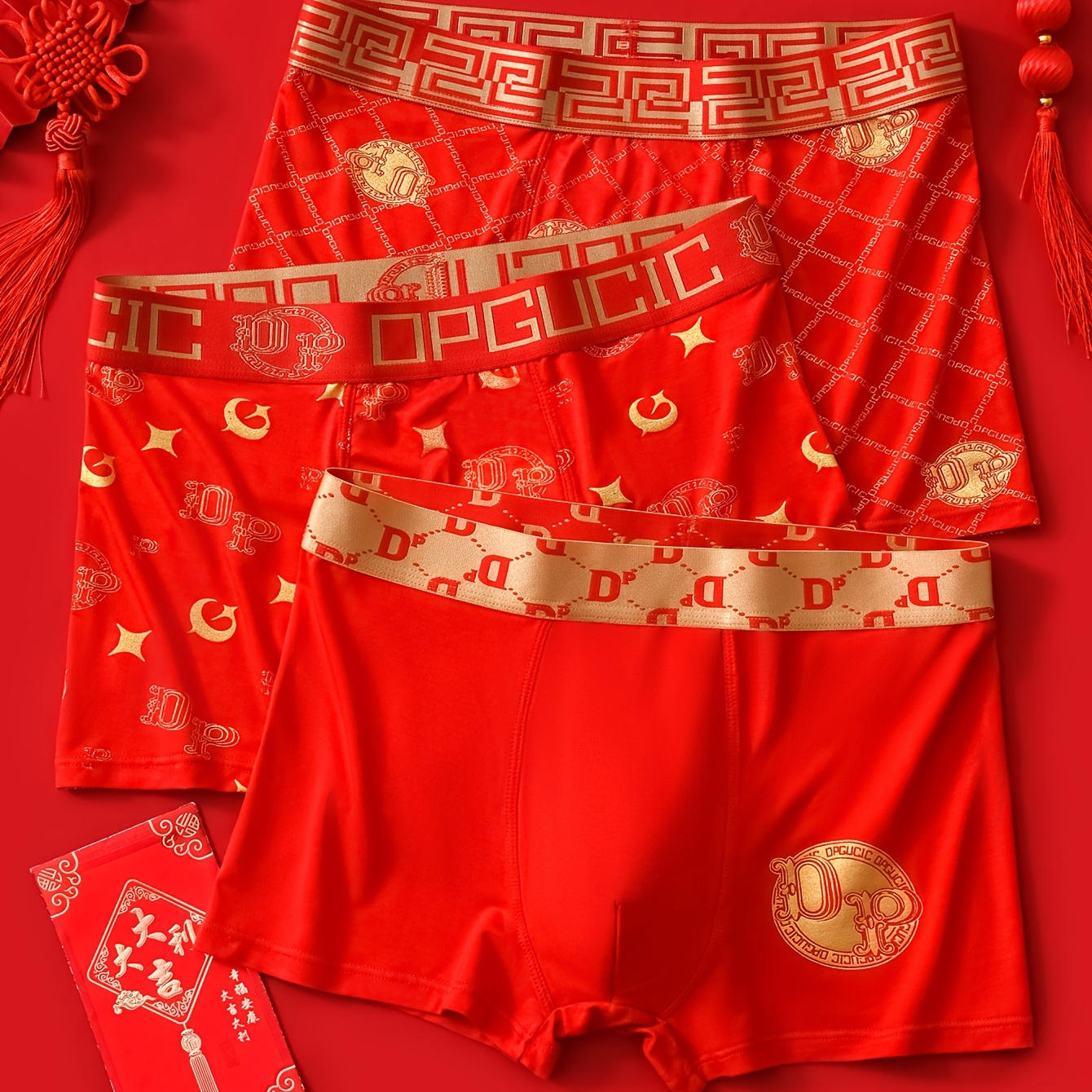 

1/3 Pack Men's Red Viscose Boxer Briefs, Embroidered Chinese Character, High Stretch Knit Fabric, Casual Panty With Spandex, Wedding Underwear