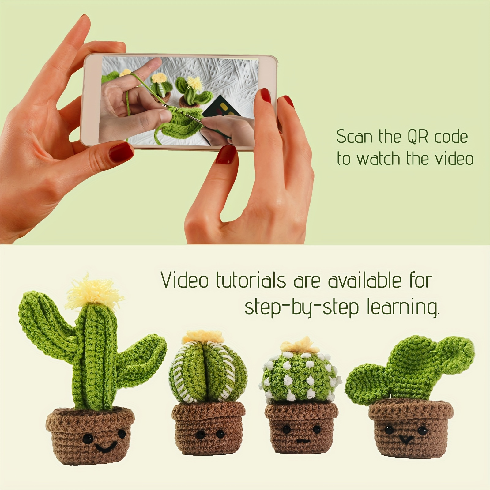 

4-piece Cactus Crochet Diy Kit With Accessories And Video Tutorial, Beginner-friendly Handmade Craft Set, Ideal For Gifting, Fabric Material In Grass Green - Crochet Hook Included