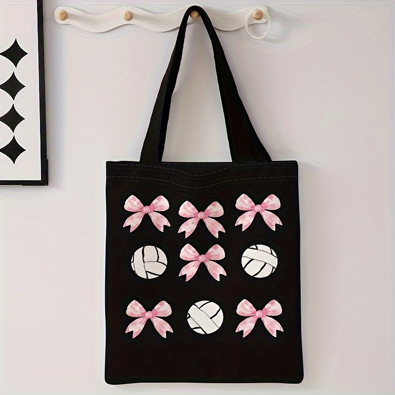 

Volleyball & Bow Pattern Tote Bag Canvas – Reusable Fashion Multifunctional Polyester Handbag With No-closure, Random