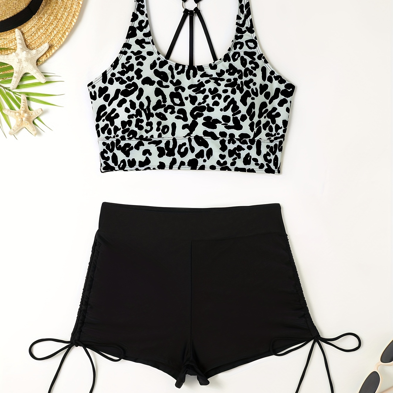 

Leopard Print Ring Strappy 2 Piece Set Tankini, Drawstring High Waist Stretchy Swimsuits, Women's Swimwear & Clothing