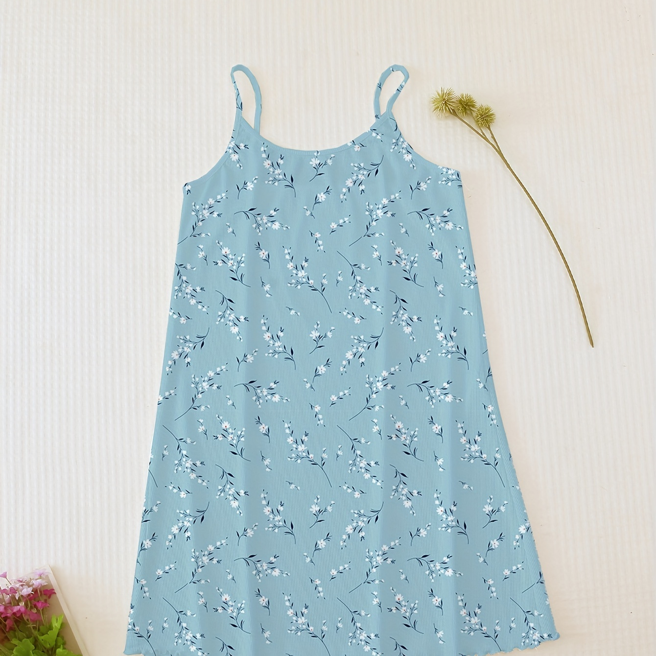 

Floral Print Slip Nightdress, Casual Scoop Neck Lettuce Trim Sleep Dress, Women's Sleepwear & Dresses