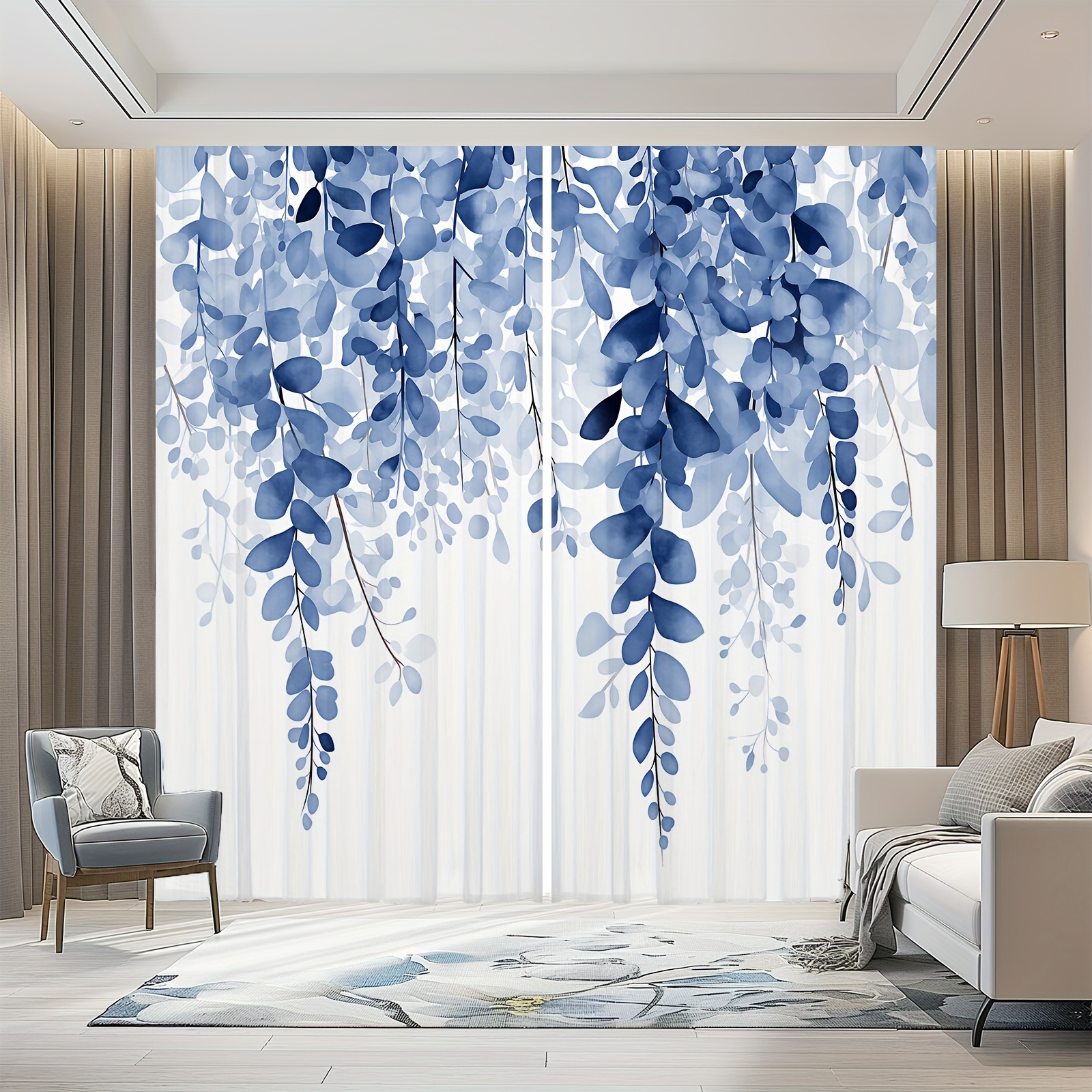 

2pcs Pattern Sheer Polyester Curtains - Rod For Easy Hanging, Living Room, Dining, Bedroom Decor, Curtains For Living Room