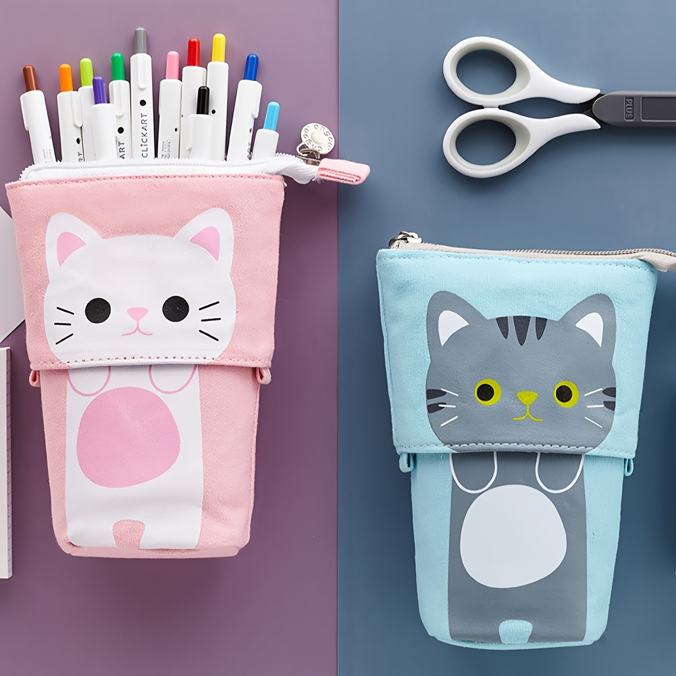 

Canvas Cat Pencil Case, Cute Zippered Expandable Standing Pen Holder, 2-in-1 Telescopic Pencil Pouch Bag For Students