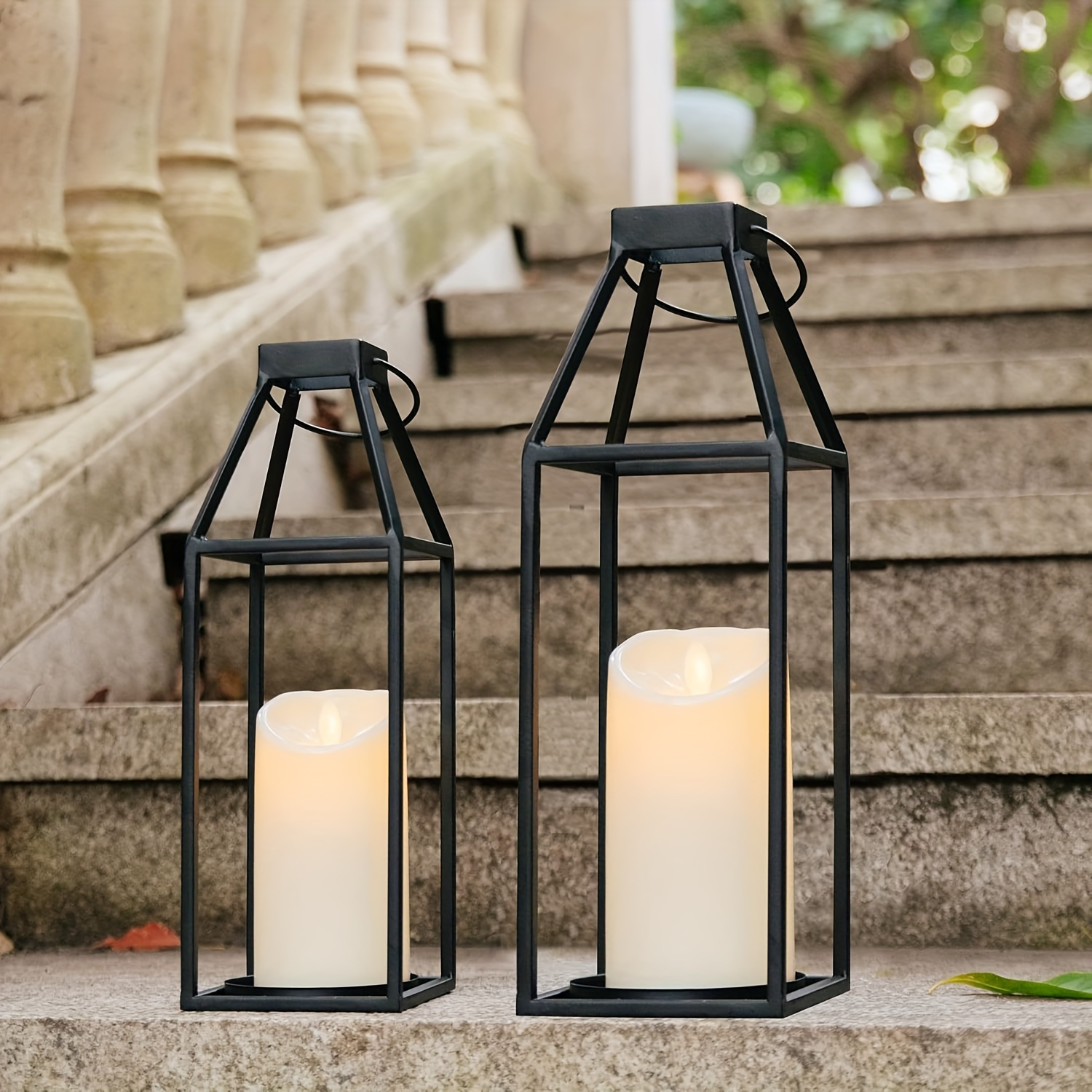 

Rustic Farmhouse Black Metal Candle Lanterns Set Of 2 - Flickering Timer, Indoor/outdoor Decor, No Glass, Thanksgiving &