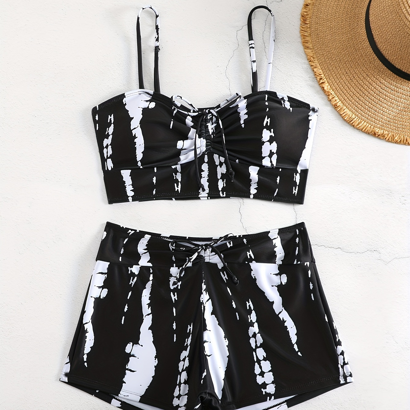 

Bow Tie Front 2 Pieces Swimsuit, Spaghetti Straps High Waist Boxer Short Bottom Tankini Sets, Women's Swimwear & Clothing