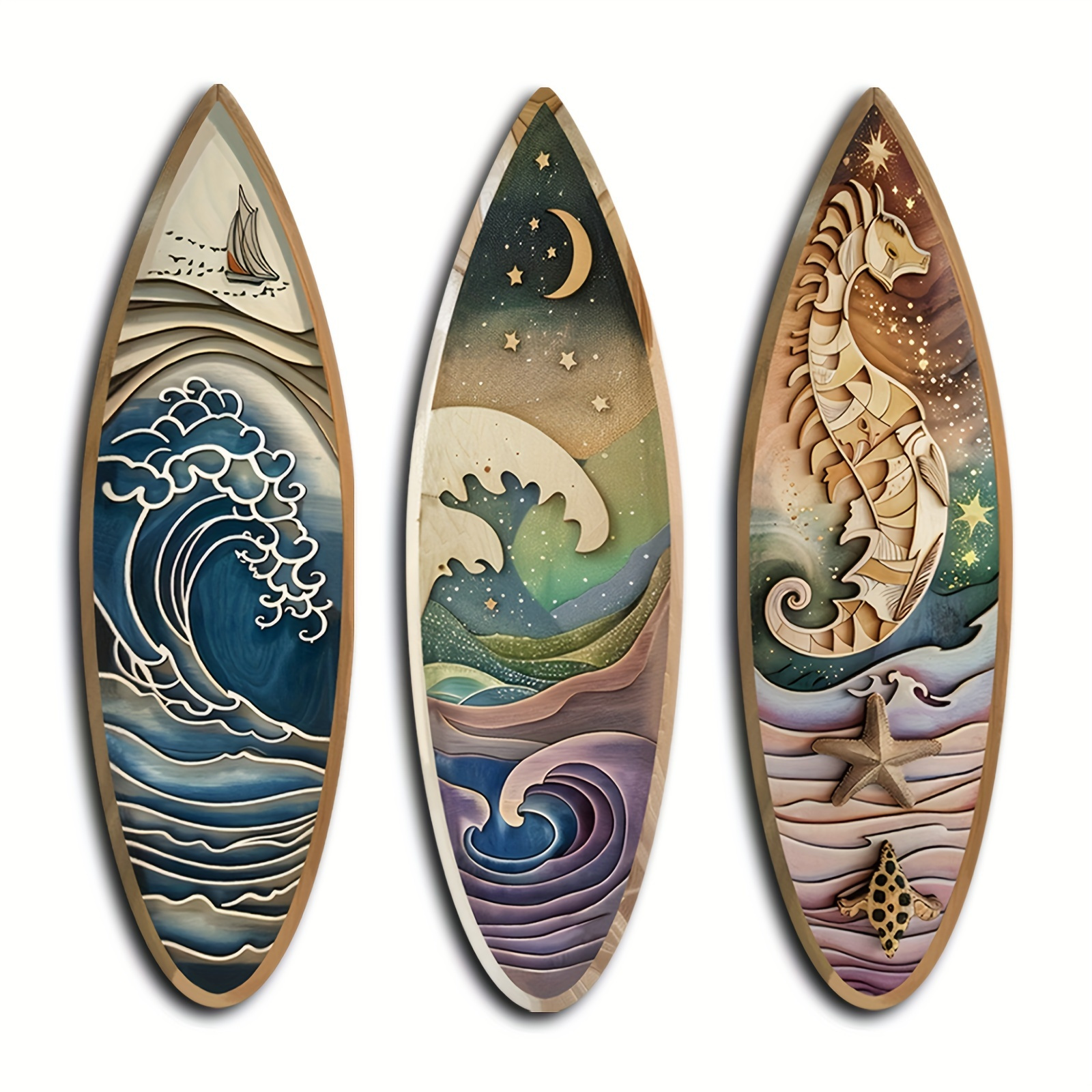 

Boho Wooden Surfboard Wall Art Set - 3 Pieces Self-adhesive Decor With Sea Sailboat, Seahorse, Night Wave Patterns - Art Deco Nautical & Beach Themed Hanging Decorations