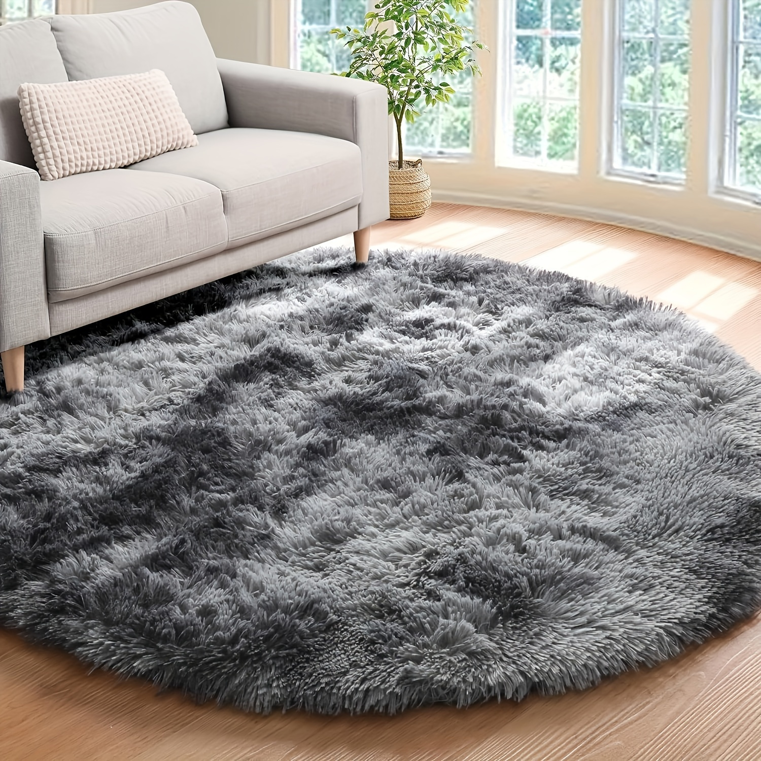 

1pc Chic Tie-dye Dark Grey Round Plush Rug - Soft, Fluffy & Only - Living Room, Bedroom, And Home Decor