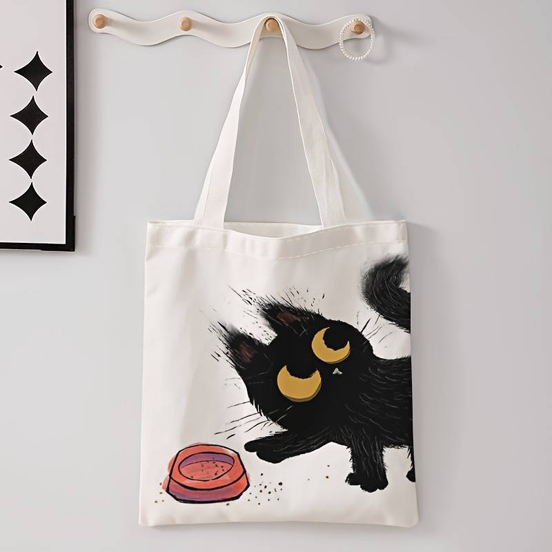 

Black Cat Pattern Tote Bag, Double-sided Printed Shoulder Bag, Multifunctional Handbag, Cartoon Canvas Shopping Bag